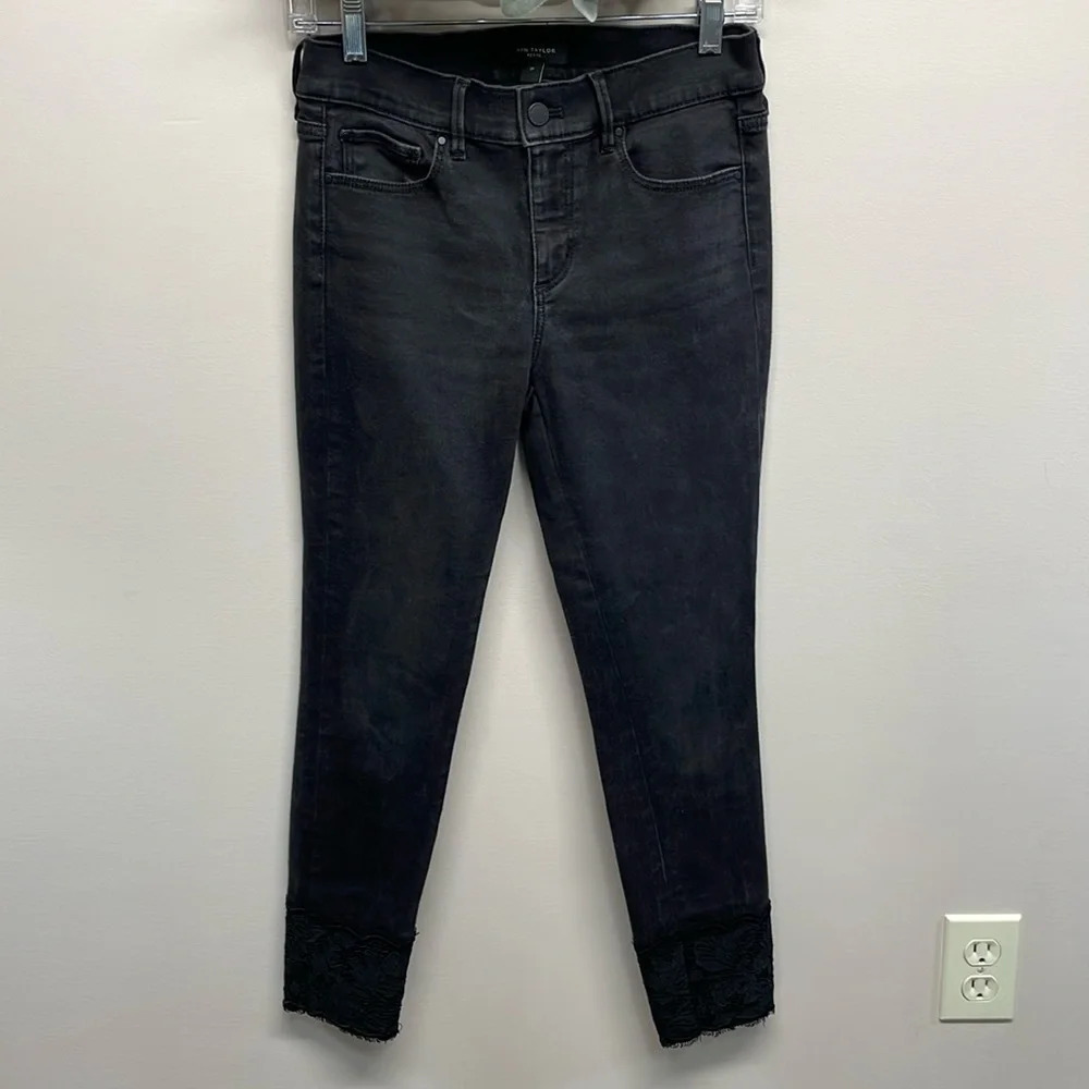 Ann Taylor Petite The Skinny Black Wash Denim Jeans with Lace Hem 2P